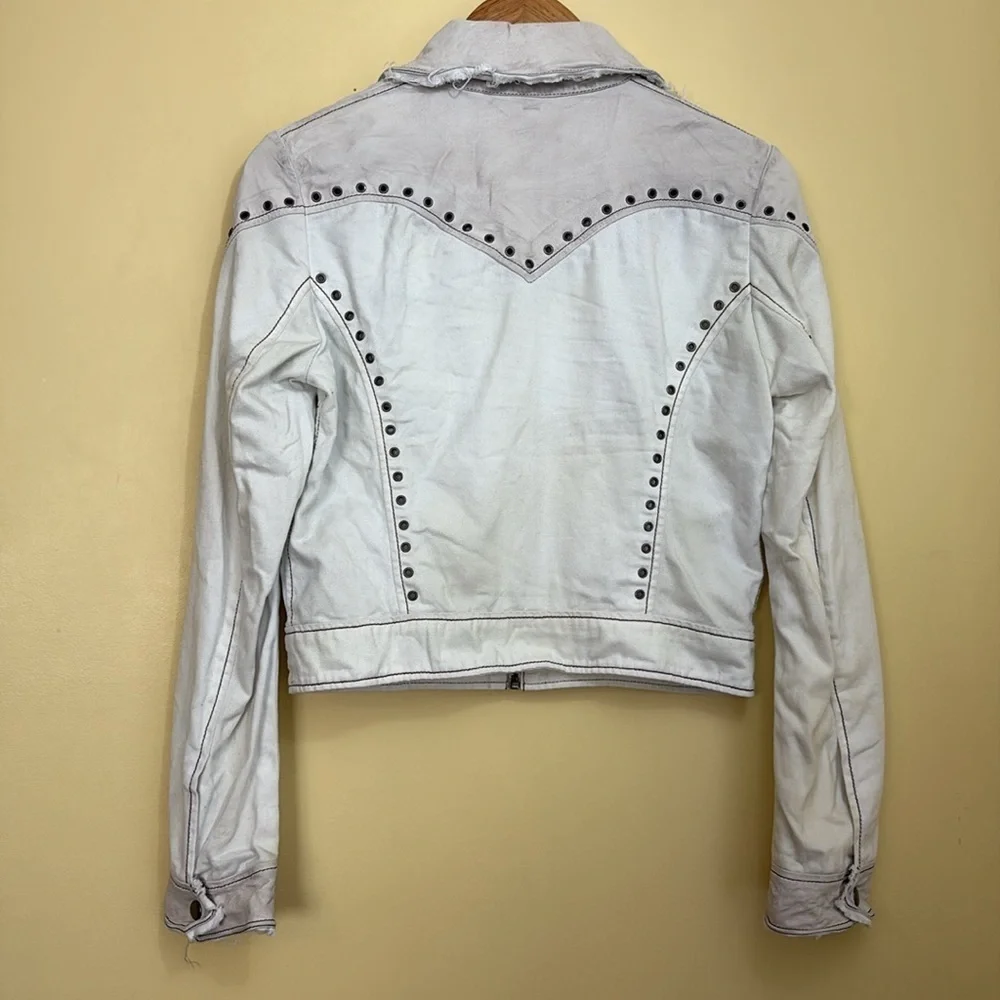 Jakket NY | Cream White Leather & Twill Riveted Studded Zip Pocket Moto Jacket S